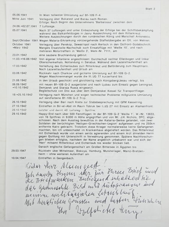 Signature of Luftwaffe KC-OLC Recipient 'Wolfdieter Huy'