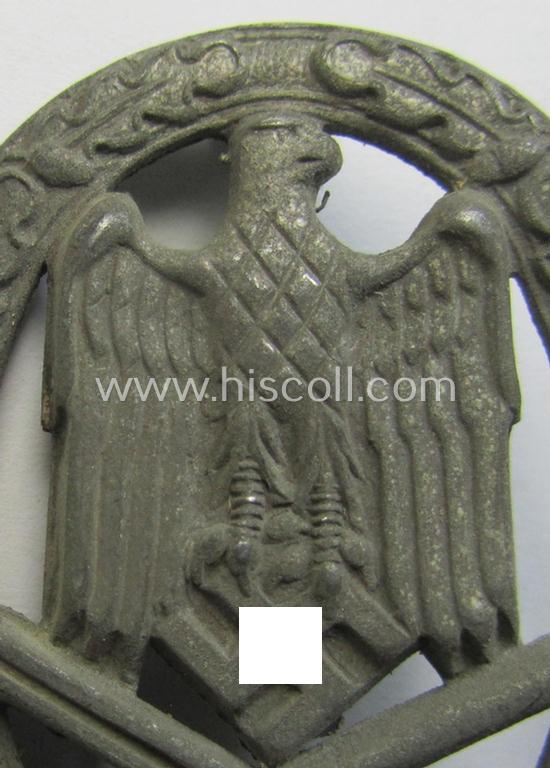 Attractive - and actually very scarely seen! - 'Allgemeines Sturmabzeichen' (or: General Assault Badge ie. GAB) being a non-maker-marked, zinc- ie. 'Feinzink'-based, 'hollow'-variant as was produced by the: 'Hymmen & Co.'-company