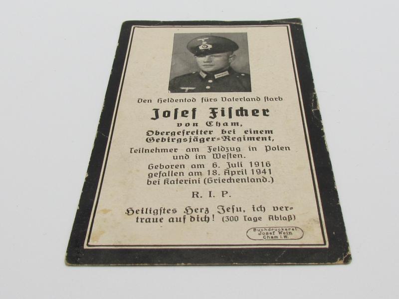 Wehrmacht ( Gebirgsjäger ) Death Card