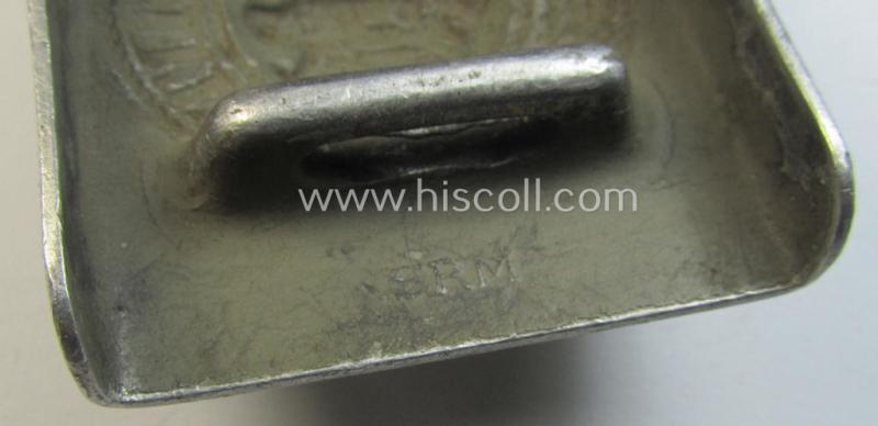 Superb, WH (Heeres) 'standard-pattern', field-grey-toned- and aluminium-based belt-buckle being a maker- (ie. 'Bernh. Haarmann'-) marked- and/or '1939'-dated example that comes mounted onto its (unit-stamped!) leather-based tab