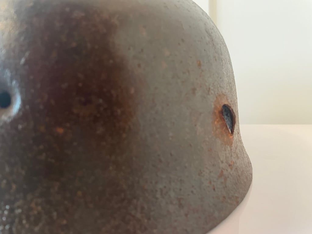 ORIGINAL WWII GERMAN M38 FALLSCHIRMJAGER HELMET WITH BULLET HOLE.