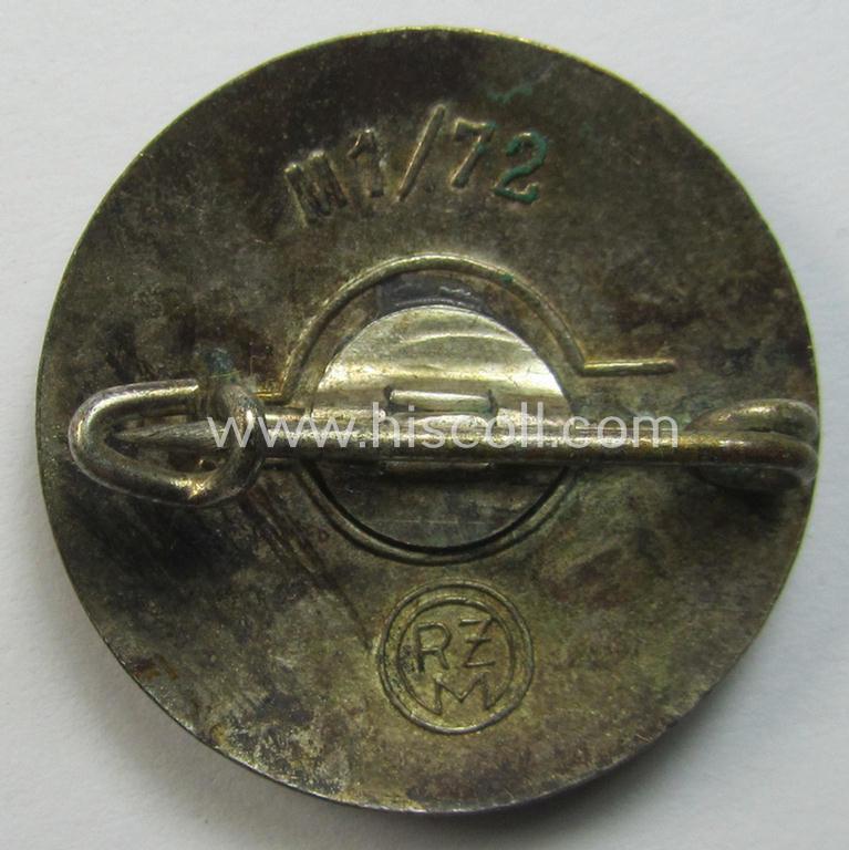 Attractive - bright-red-coloured and nicely preserved! - 'N.S.D.A.P.'-membership-pin- ie. party-badge (or: 'Parteiabzeichen') which is maker-marked on its back with the makers'-designation: 'RzM' and/or: 'M1/72'