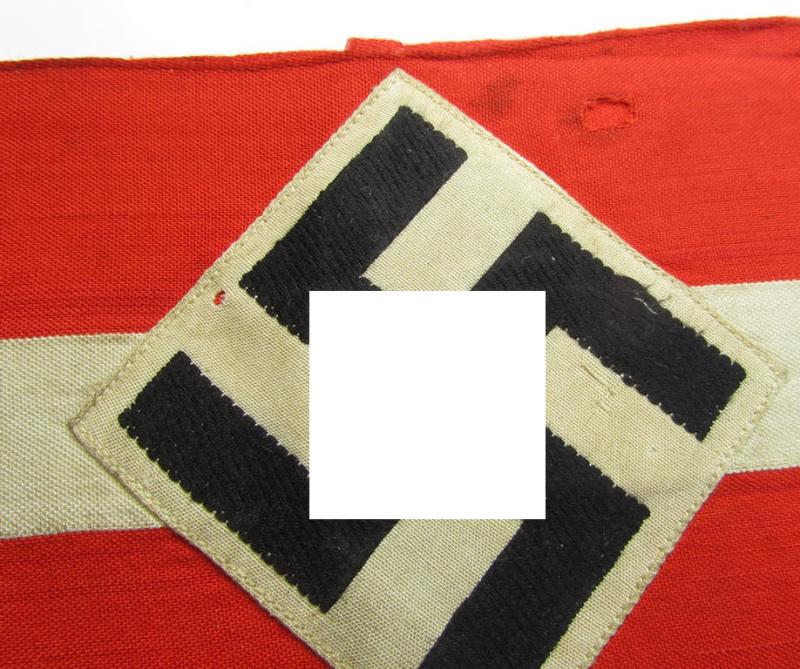 Attractive - and scarcely found! - 'standard'- (ie. entirely woven) pattern, bright-red-coloured HJ- (ie. 'Hitlerjugend'-) related armband (ie. 'Armbinde') being a moderately worn- ie. used example that regrettably misses its 'RzM'-etiket