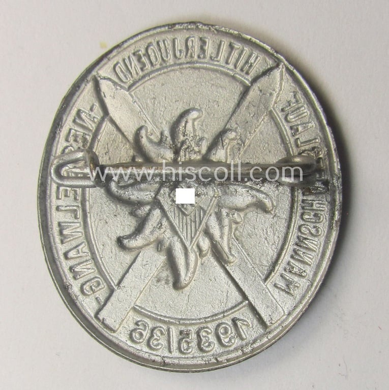 Superb - and unusually found! - HJ- (ie. Hitlerjugend-) related 'tinnie' (ie. 'Tagungs- o. Veranstaltungsabzeichen') showing a pair of ski's, 'Edelweiss' and HJ-'Raute' coupled with the text: 'Mannschaftslauf - Hitlerjugend - Nesselwang - 1935/36'