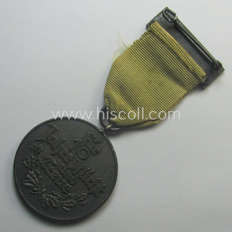 Silverish-grey-toned, typical 'Reichsnährstand'- (ie. 'RNSt.'-) related, (portable) loyal-service-award entitled: 'Reichsnährstand - Landesbauernschaft Ostpreussen - Für 10 Jahre Pflicht und Treue'