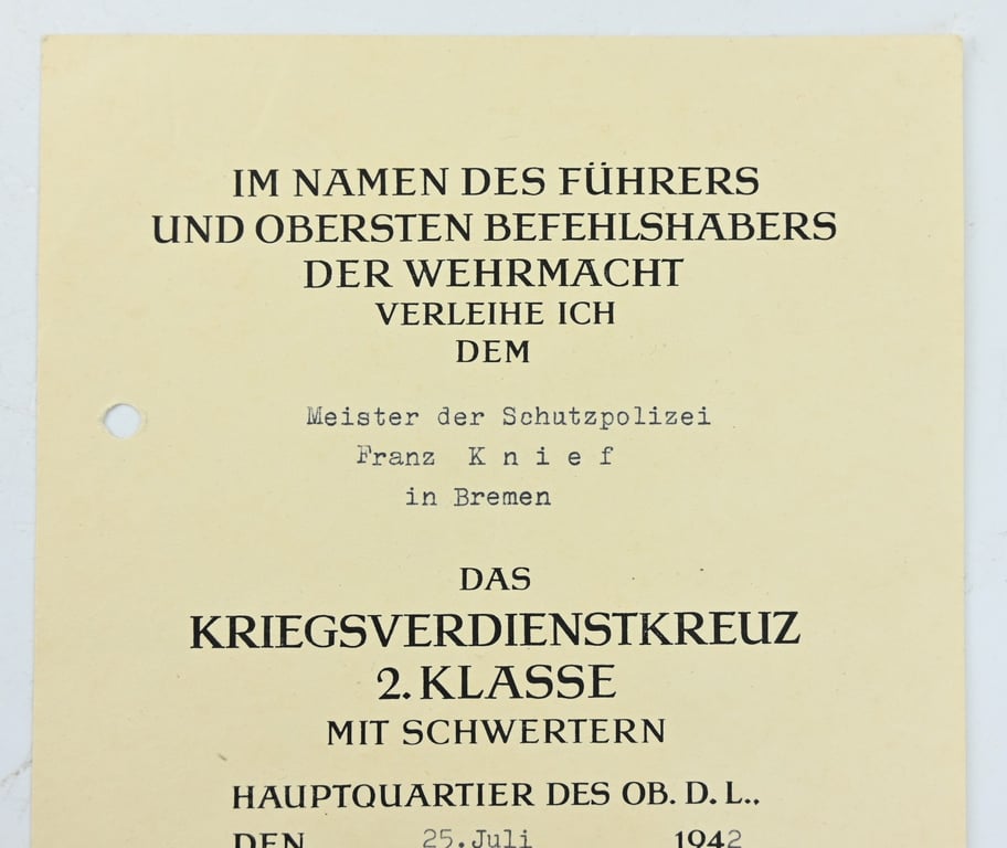 German War Merit Cross with Swords 2nd Class Certificate