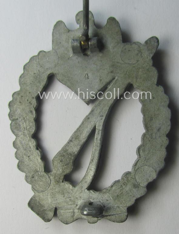 Attractive - and mininally used! - 'Infanterie-Sturmabzeichen in Silber' (or: silver-class infantry-assault badge ie. IAB) being a neatly maker- (ie. '4'- or: 'Metall u. Kunststoff'-) marked example as executed in silverish-coloured 'Feinzink...