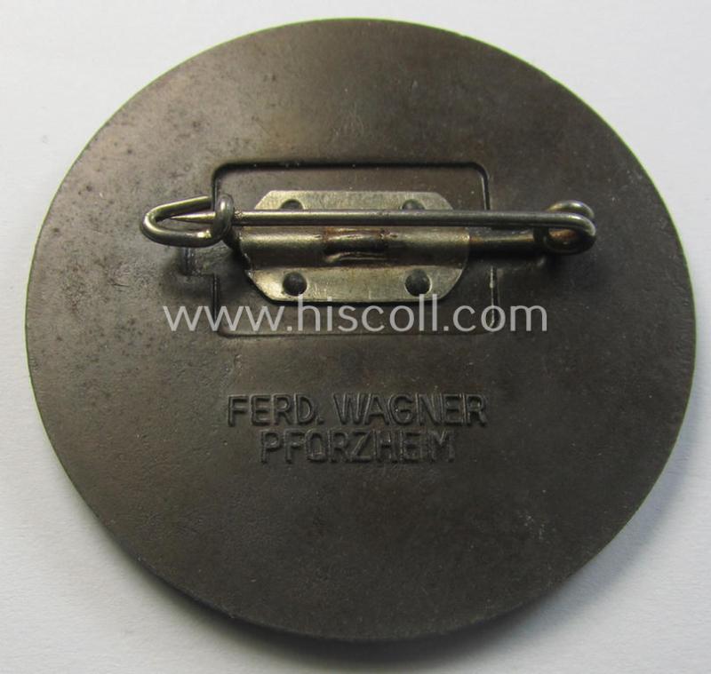 Greyish-toned - and fairly luxuriously styled! - so-called: N.S.D.A.P.-related 'tinnie' (ie. 'Tagungs- o. Veranstaltungsabzeichen'-) being a neatly-maker- (ie. 'Ferd. Wagner'-) marked example, showing the text: 'Reichsparteitag 1937'