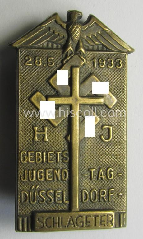 HJ ('Hitlerjugend') related 'tinnie' being a maker- (ie. 'Paulmann & Crone'-) marked example showing the text: 'Schlageter HJ-Gebiets-Jugendtag - Düsseldorf - 28.5.1933'