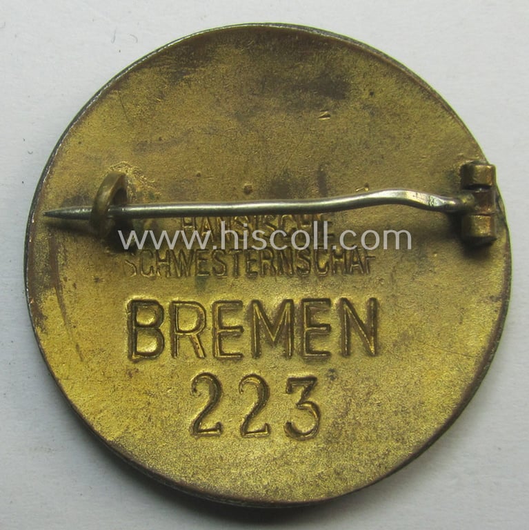 DRK nurses'-badge entitled: 'Schwesternschaft', being a medium-sized version showing an engraved bearers'-number: ('223'), town: ('Bremen') and/or (unusual!) makers'-designation