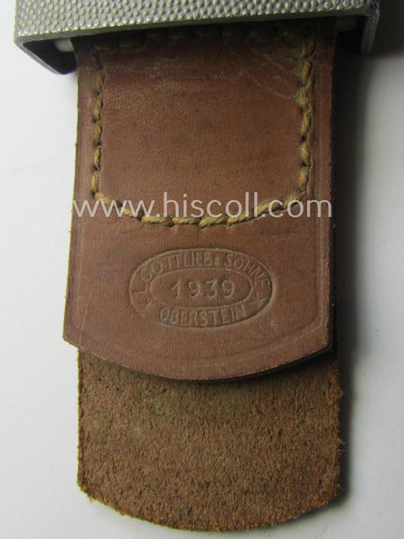 'Reichsarbeitsdienst'- (ie. RAD-) EM- (ie. NCO-) type belt-buckle being a maker- (ie. 'Gottlieb & Sohn'-) marked example which is dated: '1939' and that comes mounted onto its leather-based tab