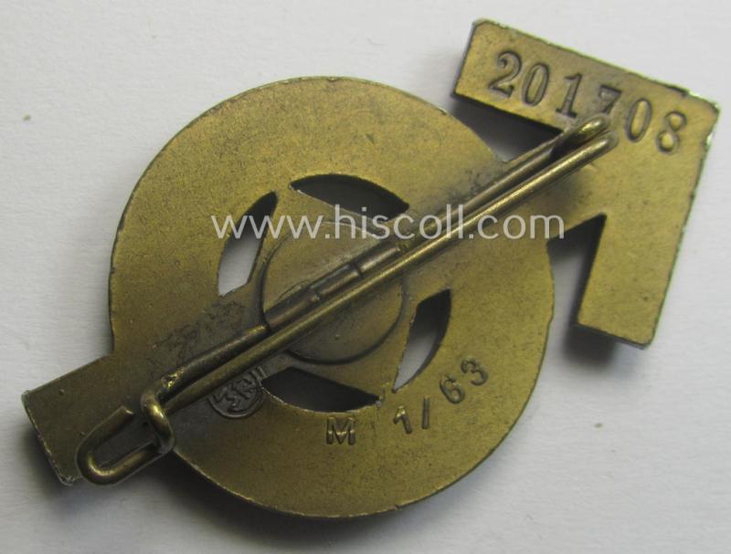 HJ- (ie. 'Hitlerjugend'-) sports-badge (or: 'HJ-Leistungsrune') of the bronze-class being a clearly maker- (ie. 'RzM - M1/63'-) marked- and/or: 'Cupal'-based specimen that shows an engraved (unique) bearers'-numeral ('201708')