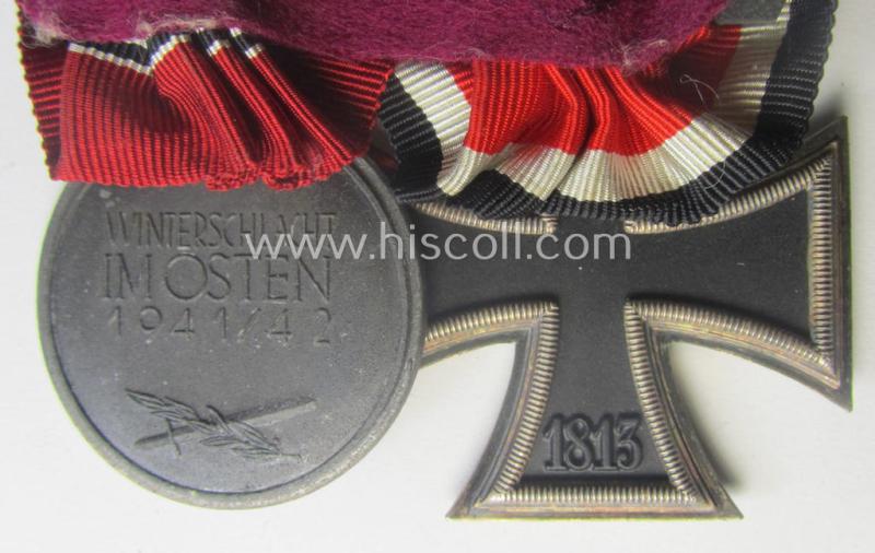 Minimally used example of a two-pieced WH (Heeres, LW o. KM etc.) medal-bar (ie. 'Orden- o. Doppelspange') showing resp. an: 'EKII. Kl.' and a medal: 'Winterschlacht im Osten 1941-42'
