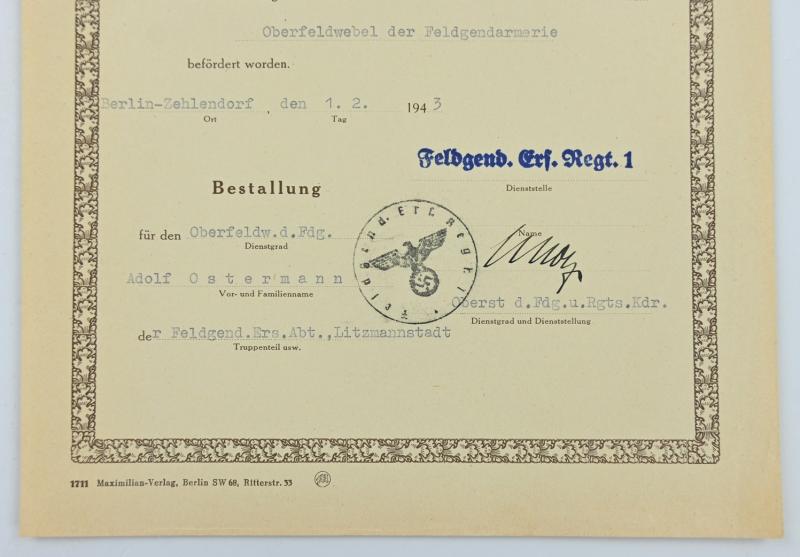 German WH Feldgendarmerie Rank Promotion Certificate