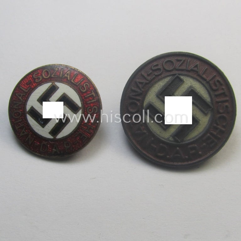 Unusual, early-period - smaller-sized- and darker-red-coloured! - 'N.S.D.A.P.'-membership-pin- ie. party-badge (or: 'Parteiabzeichen') being a non-maker-marked example that shows a 'Ges.Gesch.'-patent-pending-designation