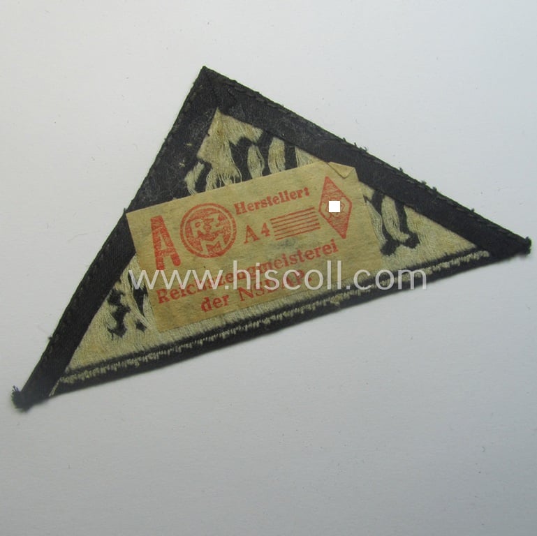 'HJ' ('Hitlerjugend') ie. 'BDM' ('Bund Deutscher Mädel'-) district-triangle (ie. 'Gebietsdreieck') entitled: 'West Westmark' being a moderately used- ie. worn example