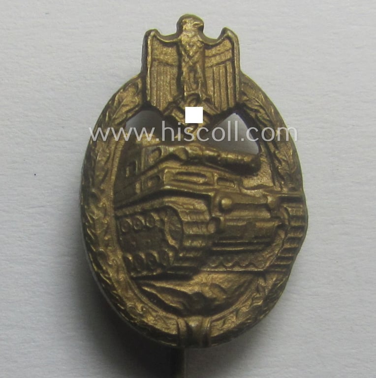 Neat - and 17 mm. sized! - miniature-lapel-pin depicting a: 'Panzerkampfabzeichen in Bronze' (or: bronze-class panzer-assault-badge ie. PAB) being a non-maker-marked example as executed in golden-bronze-coloured metal
