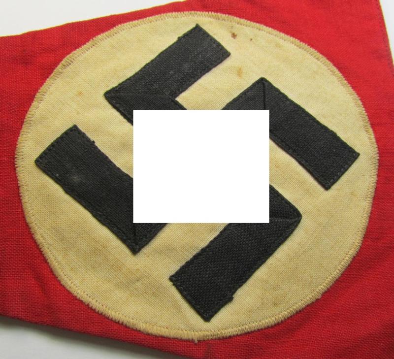 Attractive - 'patriotic-styled'- and/or truly nicely woven! - N.S.D.A.P.-related vehicle- ie. bicycle-flag (ie. 'Fahrrad-Fahne') depicting on one side a swastika-device and showing on the other side the text: 'Reichsparteitag 1934 - Nürnberg'