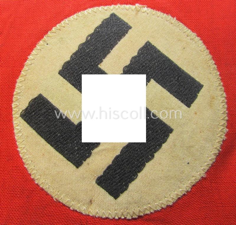 Attractive - 'patriotic-styled'- and/or truly nicely woven! - white- and red-coloured N.S.D.A.P.-related vehicle- ie. bicycle-flag (ie. 'Fahrrad-Fahne') depicting a double-sided ('BeVo'-like) woven swastika-patch