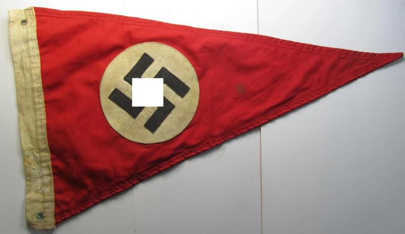 Attractive, medium- (ie. somewhat larger-) sized N.S.D.A.P.-related so-called: 'Fahrrad- o. Hausfahne' (being fabricated in typical, linnen-based- and/or printed fabric) and that comes in an overall nice, albeit moderately used, condition