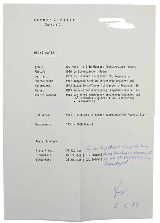 Signature of Wehrmacht Heer KC-OLC &S Recipient 'Werner Ziegler'