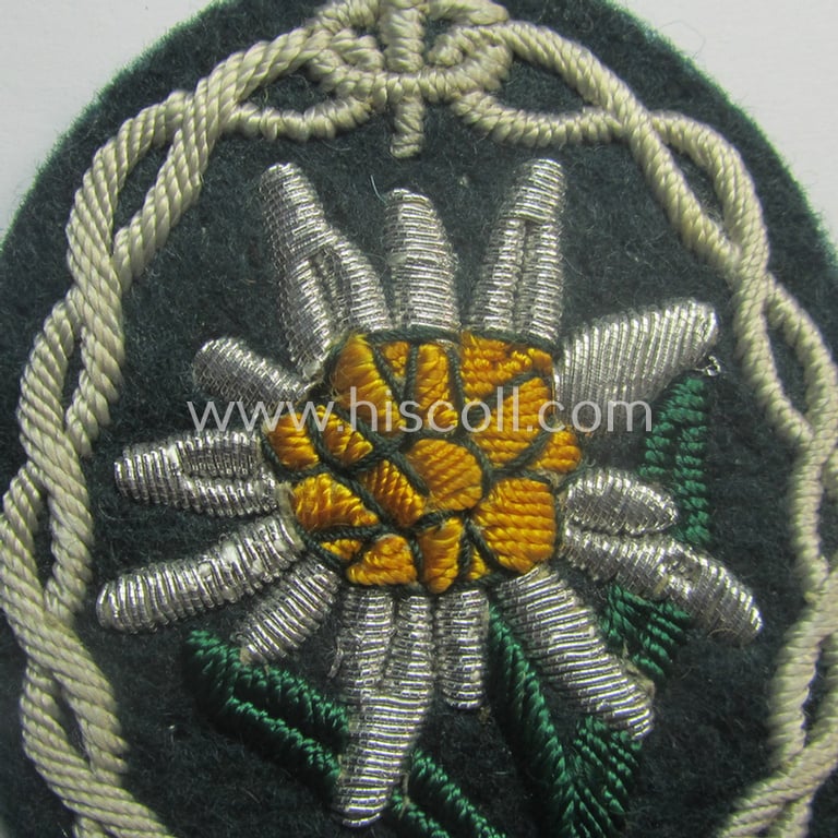 WH (Heeres) neatly hand-embroidered- and/or typical officers'- (ie. 'variant'-) pattern so-called: 'Edelweiss'-arm-badge (as specifically intended for usage by an officer serving within the 'Geb.-Jäger-Trpn.'