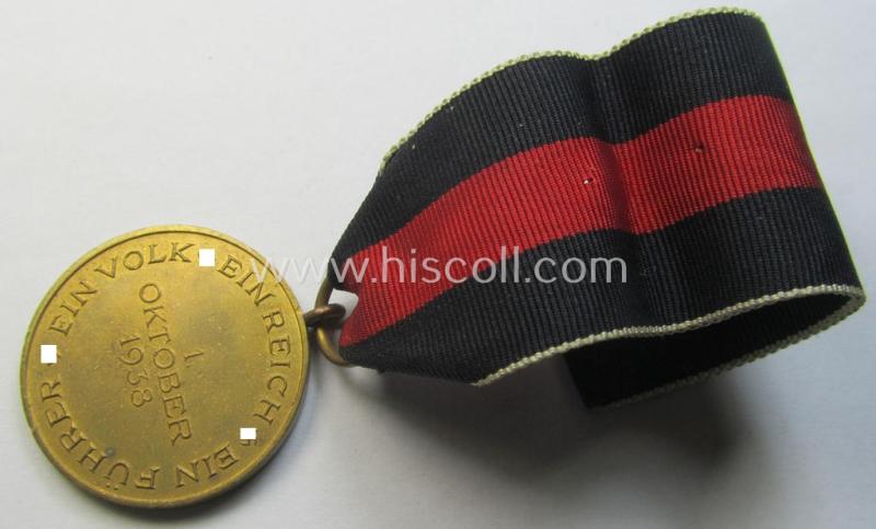 Attractive, WH Czech-occupation- (ie. 'Anschluss'-) medal: '1. Oktober 1938' being a neat (albeit minimally tarnished) example that comes mounted onto its period ribbon as issued and/or recently found