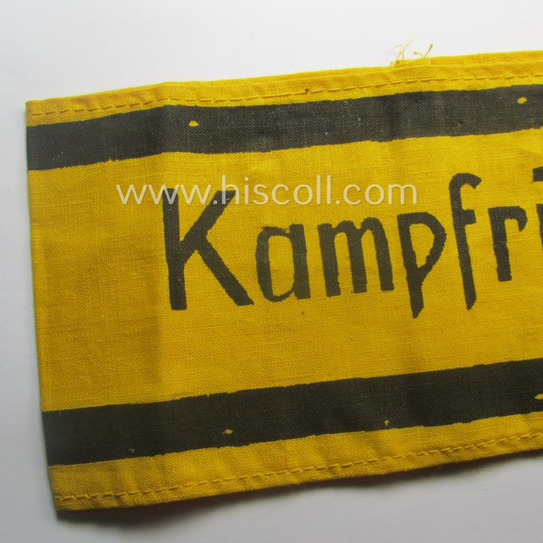 Attractive - and most certainly scarcely found! - linnen-based- and/or neatly printed, golden-yellow-coloured (I deem) HJ- (ie. 'Hitlerjugend'-) related armband (ie. 'Armbinde') entitled: 'Kampfrichter' as was intended for a referee