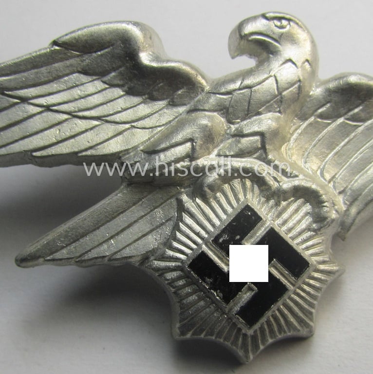 Officers'- (ie. evt. NCO-) pattern, aluminium-based so-called: 'Luftschutz' (ie. RLB-) visor-cap eagle being a maker- (ie. 'HA'-) marked example as was produced by the 'H. Aurich'-company