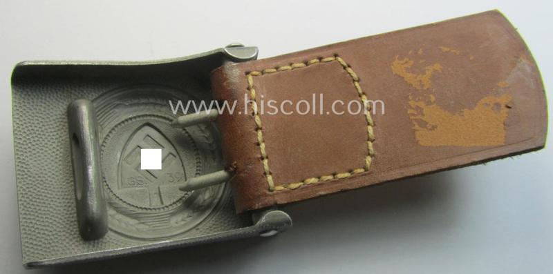 'Reichsarbeitsdienst'- (ie. RAD-) EM- (ie. NCO-) type belt-buckle being a maker- (ie. 'Gottlieb & Sohn'-) marked example which is dated: '1939' and that comes mounted onto its leather-based tab