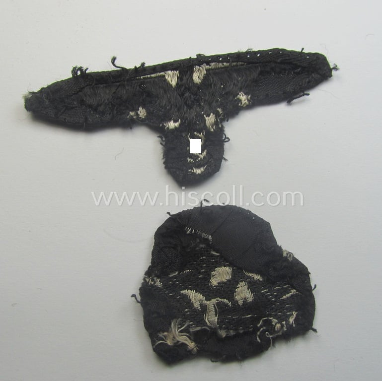 Superb - and nowadays rarely encountered! - Waffen-SS, 'BeVo'-woven-style skull- and cap-eagle-set (ie. 'Totenkopf- u. Adler-Effektensatz für Schiffchen o. Einheitsfeldmütze') that comes in a moderately used- and/or cap-removed, condition