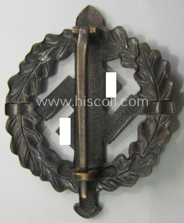 Early- (ie. pre-) war-period example of an: 'SA-Sportabzeichen in Bronze' being a detailed and/or neatly maker- (ie. 'Sieper u. Söhne - Lüdenscheid'-) marked example that is void of a bearers'-number