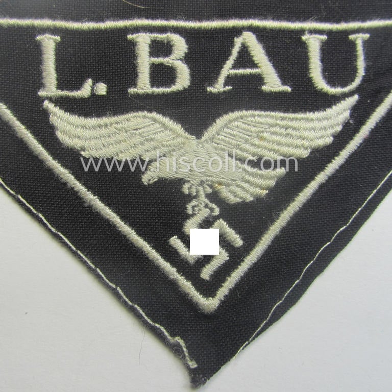 WH (Luftwaffe)-related- (EM- ie. NCO-pattern-) machine-embroidered breast-badge ie. eagle-device showing the text: 'L. Bau' as was (I deem) specifically intended for staff working within the WH 'Generalluftzeugmeister'- (ie. 'GL'-) organisation
