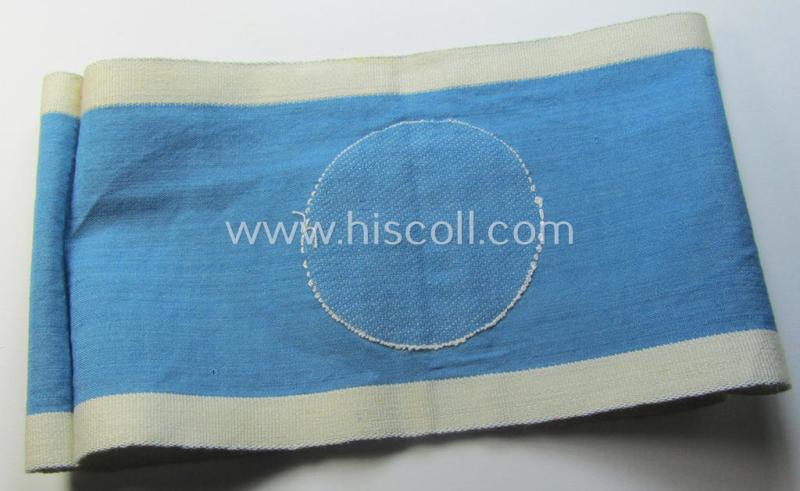 Superb, linnen-based- and/or light-blue-coloured armband (ie. 'Armbinde') depicting an interwoven white-toned circle (ie. dot-) and dito white-coloured borders as was intended for usage by a: 'Luftschutzwart des Reichsluftschutz-Bundes'