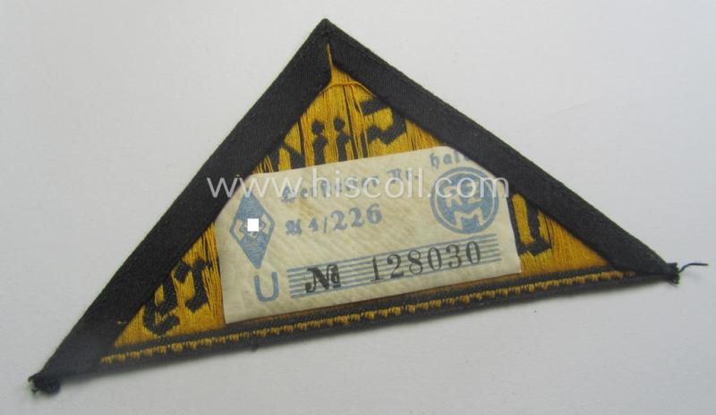 'HJ' ('Hitlerjugend') district-triangle (ie. 'Gebietsdreieck') entitled: 'Süd Württemberg' (being a never worn example that still retains its period-attached 'RzM'-etiket)