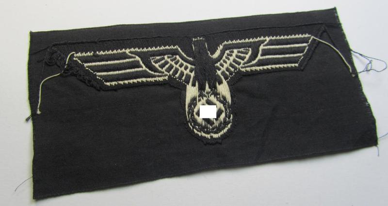 Neat, WH (Heeres) early- (ie. pre-) war-period- and/or white-coloured 'Panzer'-type breast-eagle of the so-called: 'M35'- (ie.'M36'-) pattern as was executed in the neat 'BeVo'-weave pattern on a black-coloured background