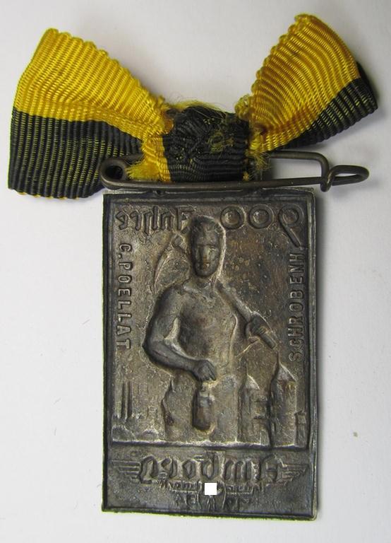 Commemorative, 'Buntmetall'-based 'Veranstaltungsabzeichen' (ie. 'tinnie') being a neatly maker- (ie. 'Carl Poellath'-) marked example that comes mounted on its ribbon showing the text: '900 Jahre Amberg - Bayr. Ostmark - 1934'