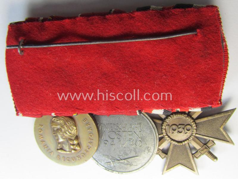 Superb, 3-pieced WWII-period medal-bar (ie. 'Ordenspange') showing respectively a: 'KvK II.Kl. mit Schwertern', an: 'Ost'-medal and a WWII-period, Romanian medal: 'Kreuzzug gegen den Kommunismus'