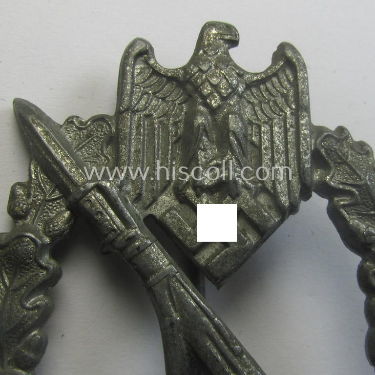 'Infanterie Sturmabzeichen in Silber' being a scarcely seen, non-maker-marked- and/or zinc- (ie. 'Feinzink'-) based specimen as was presumably procuded by the desirable: 'Ernst L. Müller'-company