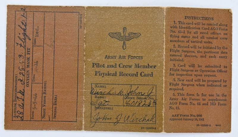 USAAF WW2 Pilot & Crew Physical Record Card