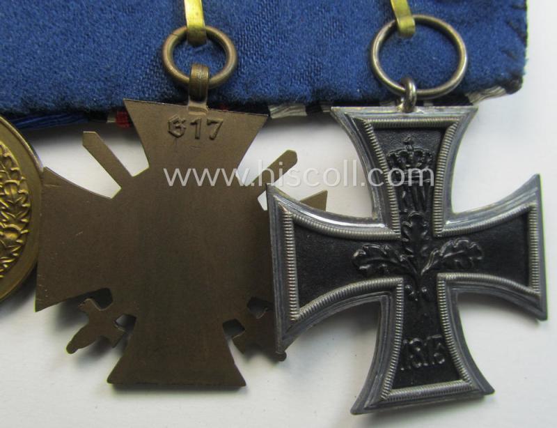 Attractive, 4-pieced 'WWI- u. WH (Heeres o. KM)'-related medal-bar-set (ie. 'Ordenspange-Satz'-) resp. depicting a WWI-period: 'EK II.Kl.', a: 'FKK 1914-18' and two: WH (Heeres o. KM) 'Dienstauszeichnung der 4. u. 3. Stufe'