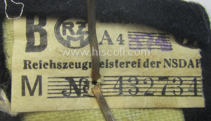 Superb, Waffen-SS NCO-pattern rank-collar-rank-tab ('Kragenspiegel') being a 'standard-issue'-pattern example as executed in black-coloured wool as was intended for usage by an: 'SS-Scharführer' (that still retains its 'RzM'-etiket!)