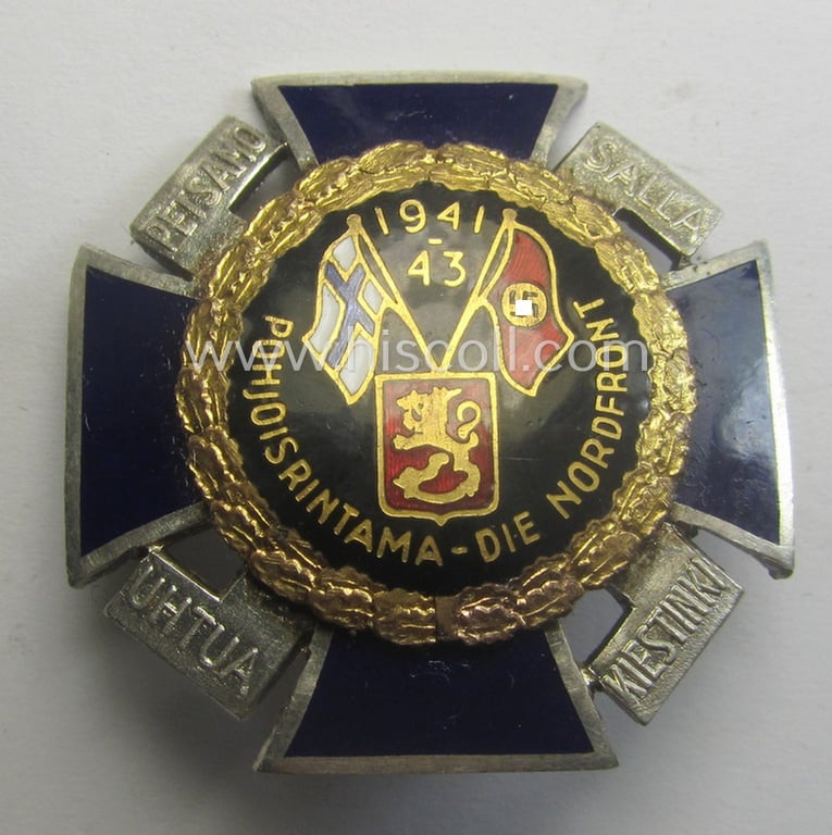 Superb, Finnish-/German: 'Nordfrontkreuz', being a black-/blue-coloured and non-maker-marked 'variant' that shows the text: 'Pohjoisrintama - Die Nordfront - 1941/43'