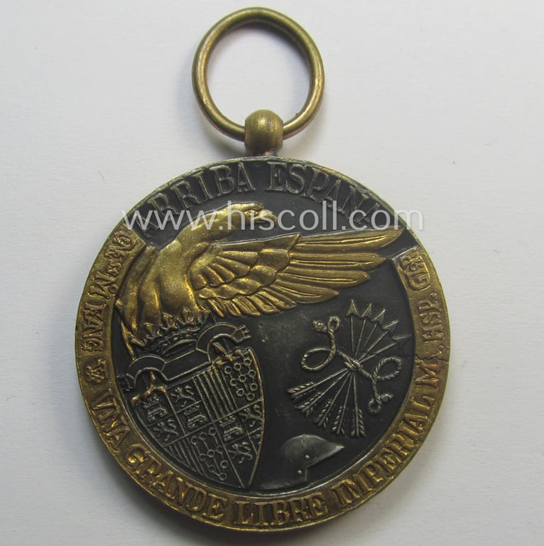 Spanish-issued, Spanish Civil-War commemorative-medal called: 'Medalla de la Campaña 1936-1939' that came together with its clearly confectioned ribbon