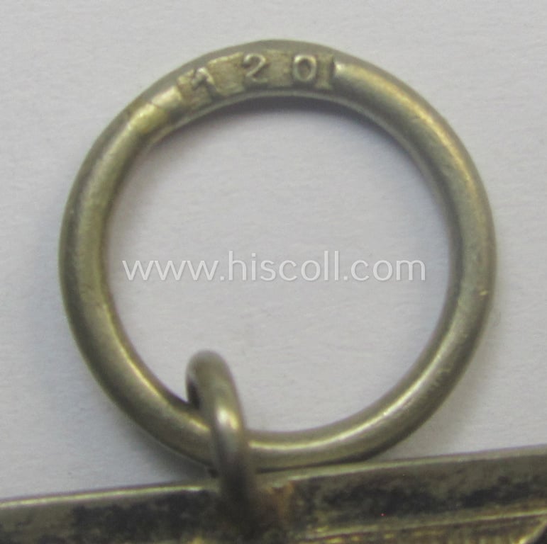 Iron Cross 2nd class (or: 'EK II. Klasse') being a maker- (ie. '120'-) marked example that comes together with its original ribbon (ie. 'Bandabschnitt') as was produced by the (not that often seen!): 'Franz Petzl'-company