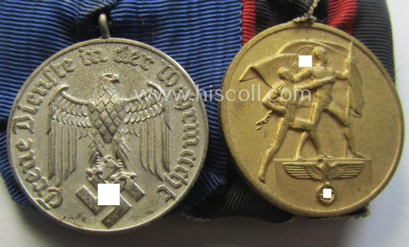 Attractive example of a two-pieced WH (Luftwaffe) medal-bar (ie.: 'Doppelspange') resp. showing a: 'WH-DA 4. Stufe' (with firmly attached, 'down-tailed' eagle-device!) and a Czech 'Anschluss'-medal