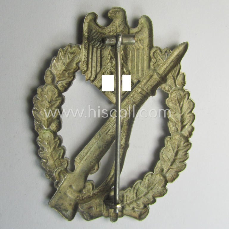 Superb, 'Infanterie Sturmabzeichen in Silber' (or: silver-class infantry-assault-badge ie. IAB) being a 'Buntmetall'-based example by the: 'Otto Schickle'-company