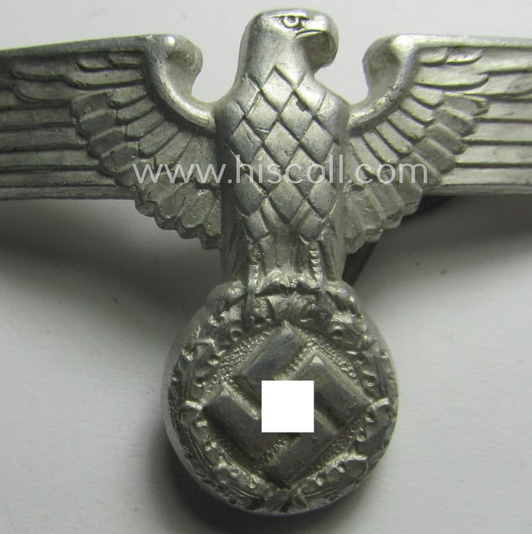 Bright silver-toned- and/or: aluminium-based - (political-styled) visor- (ie. 'Schirmmützen'-) cap-eagle that is neatly: 'RzM' and/or 'M1/9' marked
