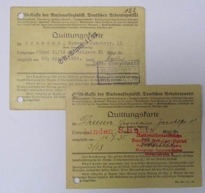Small-sized- ie. 4-pieced-, N.S.D.A.P.- (ie. RLB- and/or SA-) related ID-document-grouping, all in fully filled-in- and/or ink-stamped condition, as issued for the 'SA-Mann', named: Hermann Dreesen 
