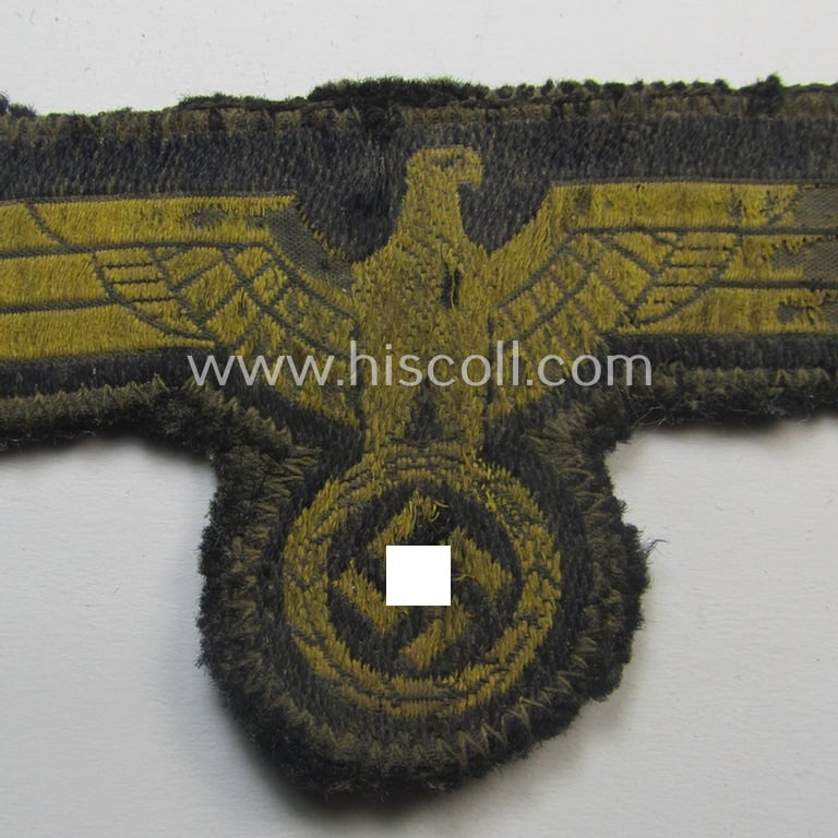 Truly used, WH (Kriegsmarine) breast-eagle (ie. 'Brustadler für Mannschaften u. Uffz. der Kriegsmarine') being a 'standard-pattern'- and neatly 'BeVo'-woven example that comes in a somewhat 'relic', condition